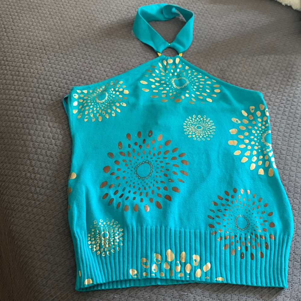 New York and Company halter.  Actual color is turquoise w/ light & dark gold
